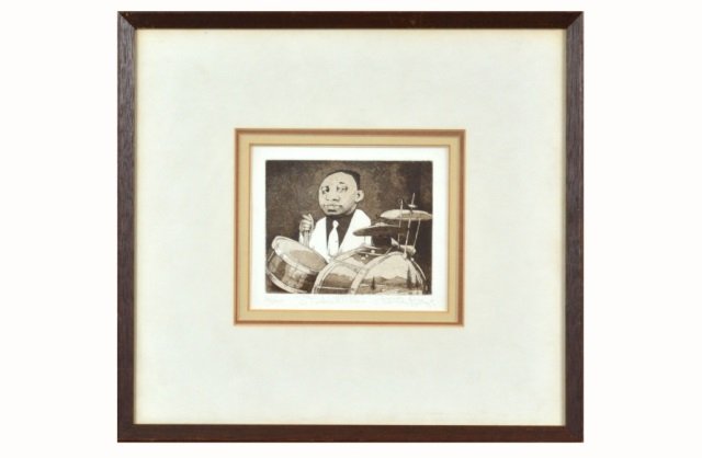 Charles Bragg (American, 1931): Titled Illegibly, Drummer. Etching. Titled (l.c.), signed (l.r.), numbered 86/100 (l.l.). 26 3/4 x 22 3/4 inches.
