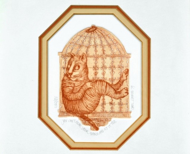 Carol Lummus (American, 20th Century): "You Can't Hear Your Song and Eat It Too", 1979. Original intaglio print. Signed, numbered 212/350. 6 1/2 x 4 1/2 inches.