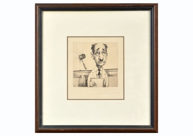 Charles Bragg (American, 1931): "Objection Overruled". Etching. Signed in pencil (l.r.), titled (l.c.), numbered "LXXXVIII / C" (88/100) (l.l.). 4 3/4 x 4 3/4 inches.