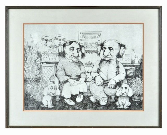 Charles Bragg (American, 1931): Untitled, Couples Listening to Headphones. Etching. Signed (l.l.) 16 x 21 3/4 inches.