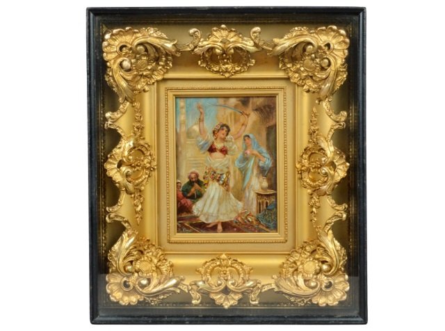 Orientalist Scene on Canvas: Oil on canvas laid on board. Signed (l.r.) "R. Ernst". Shadow box frame. 7 1/2 x 6 inches.