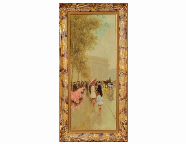 Continental School (20th Century): Untitled, Parisian Street Scene. Oil on canvas. 30 x 12 inches.