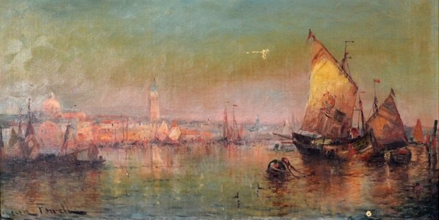 Lucien Whiting Powell (American, 1846-1930): Untitled, Canal Scene. Oil on canvas. Signed (l.l.). 9 3/4 x 18 3/4 inches.