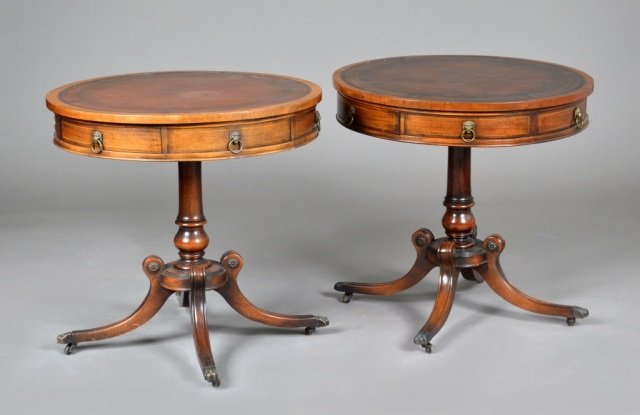 Pair of Georgian Style Mahogany Drum Tables: Height 27 inches, diameter 28 inches.