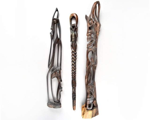 Three Carved Hardwood African Tribal Totems: Post contact. Tallest height 40 inches.