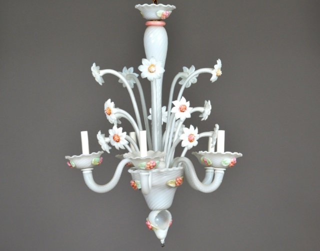 Venetian Opaline Glass Chandelier: Mid 20th century. Height 29 inches, width 22 inches.