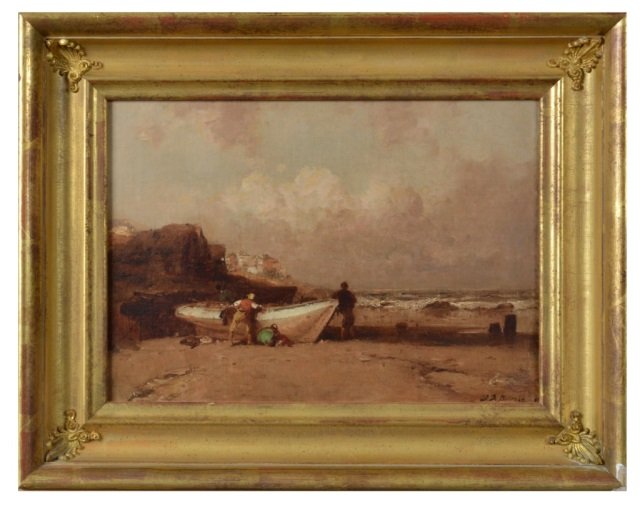 Continental School (19th Century): Untitled, Two Men on Coastline. Oil on canvas. Signed (l.r.). 9 1/4 x 13 1/4 inches.