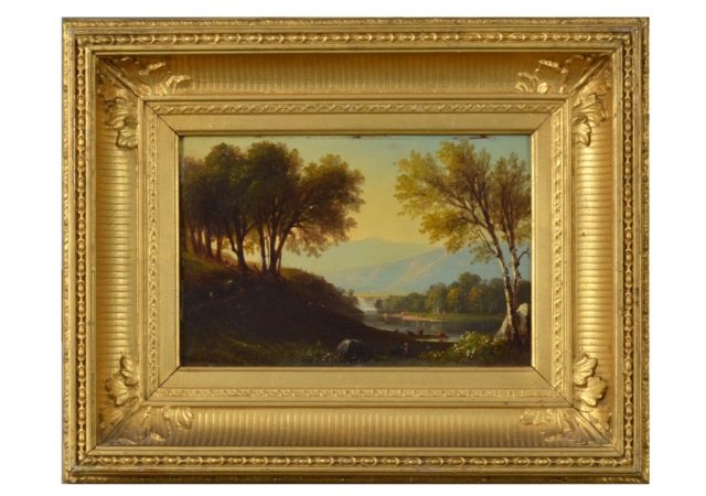 Benjamin Champney (American, 1817-1907): River in New Hampshire, 1863. Oil on panel. Signed (l.l.), titled and dated on the verso. 6 1/2 x 9 1/2 inches.