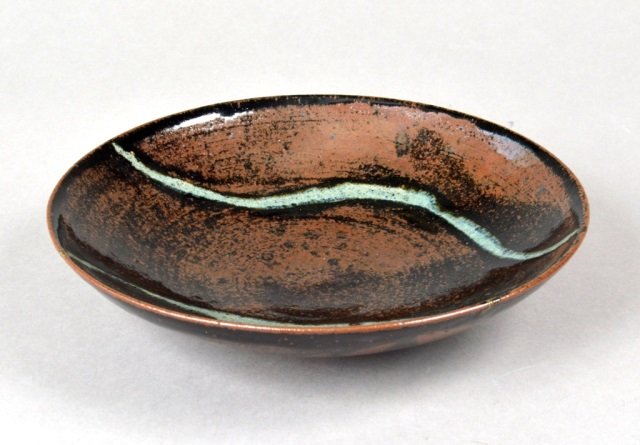 Poh Chop Yeap (Malaysian, 1927) Stoneware Bowl: Brown and green glazed stoneware shallow bowl. Inscribed on bottom. Diameter 11 inches.