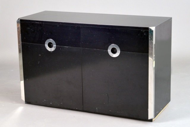 French Modern Ebonized & Chrome Cabinet: By Willy Rizzo. Height 30 inches, width 47 1/4 inches, depth 18 1/ inches.