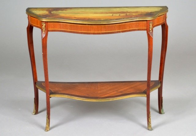 French Louis XV Style Two Tier Table: Painted top. Height 31 inches, width 26 inches, depth 12 inches.
