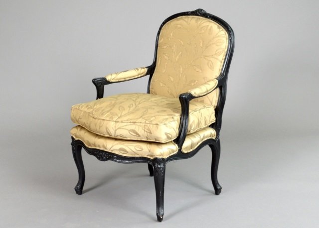 French Louis XV Style Carved Wood Fauteuil: Ebonized. Height 34 inches, width 25 inches, depth 21 inches.
