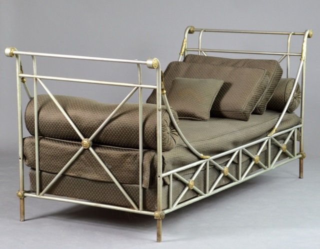 French Directoire Style Metal Campaign Bed: Height 40 inches, width 7 feet 4 inches, depth 37 inches.