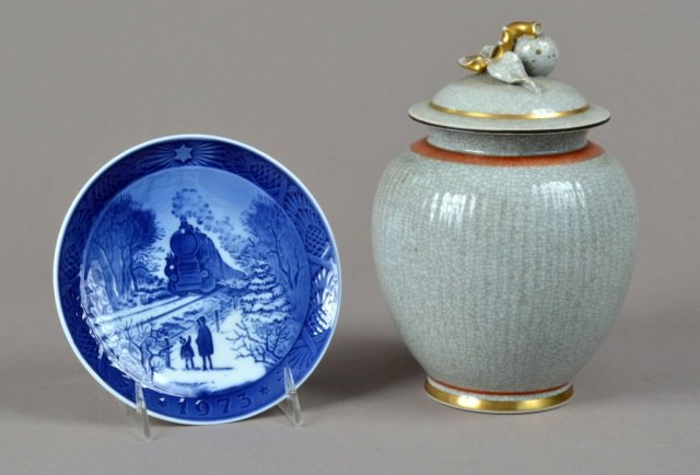 Royal Copenhagen Porcelain Jar & Plate: Christmas plate and covered ginger jar. Jar height 9 inches.