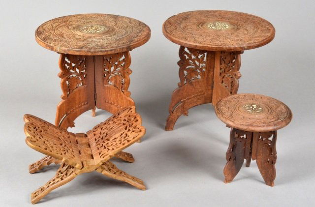 Three Indian Carved Wood Tabourets: Largest, height 15 inches; together with a book stand.