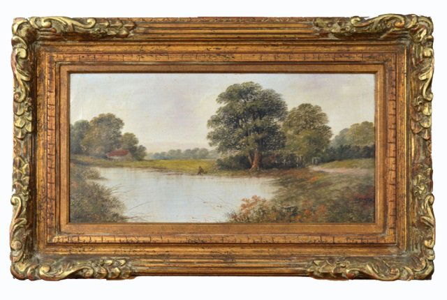 British School (19th Century): Untitled, Pastoral Scene with Man Fishing. Oil on canvas. Signed "Blake" (l.r.). 11 1/2 x 23 1/2 inches.