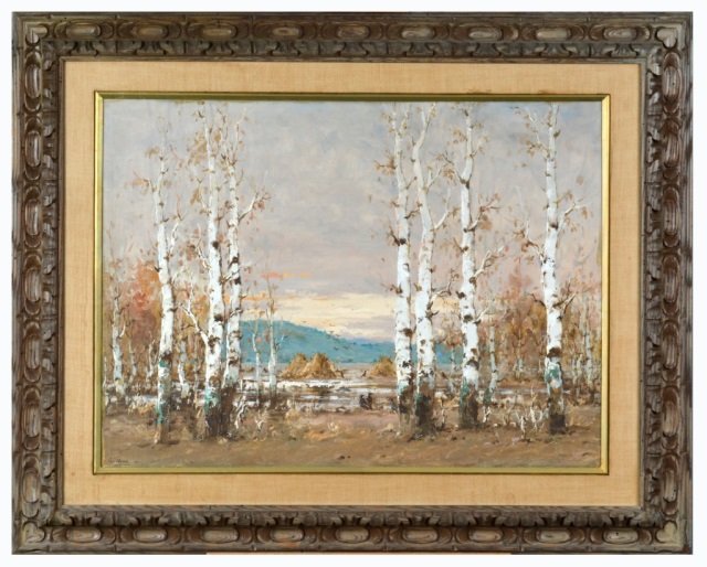 American School (Mid 20th Century): Untitled, Wooded Scene with Birch. Oil on canvas. Signed illegibly (l.l.). 22 x 30 inches.