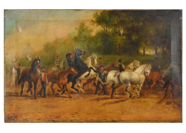 Continental School (Late 19th /Early 20th Century): Untitled, Horse Race. Oil on canvas. 18 x 28 inches.