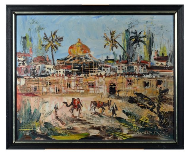 Morris Katz (American, 1932-2010): Untitled, Middle Eastern Scene with Camels. Oil on board. Signed and dated (l.r.). 23 x 30 inches.