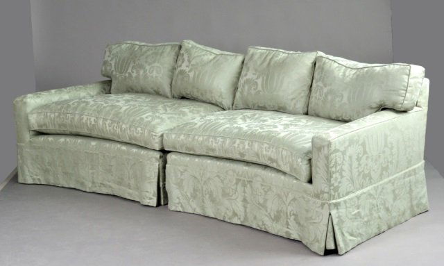 Contemporary Overupholstered Sectional Sofa: Two piece sofa. Height 27 inches, width 8 feet, depth 27 inches.