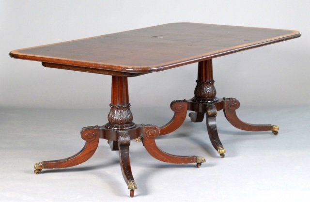 William IV Style Mahogany Pedestal Dining Table: Height 29 inches, width 6 feet, depth 43 inches. Includes three 18 inch leaves.