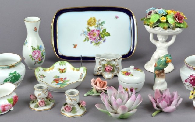 Group of Assorted Porcelain Table Articles: Approximately 14 pieces. Including Herend, Parrot, Hutschenreuther, Dresden, etc.