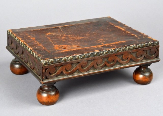 William & Mary Style Oak Upholstered Footstool: Height 13 1/4 inches, width 10 1/4 inches.