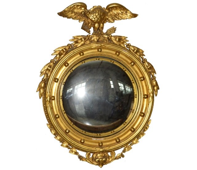 American Federal Style Gilt Wood Convex Mirror: Carved eagle surmount. 35 x 27 inches.