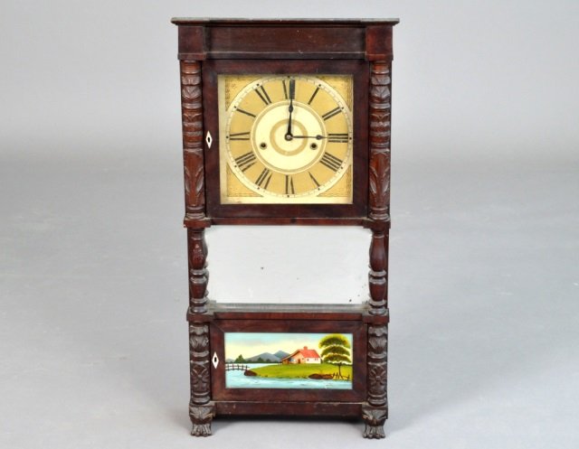 Empire Mahogany Clock: Painted panel, ivory escutcheons. Includes weights. Height 35 inches, width 17 inches.
