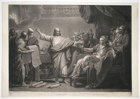 Benjamin West Engraving: Benjamin West Daniel Interpreting to Belshazzar the Writing on the Wall Technique: Engraving & Mezzotint Printing Information: Painted by Benjamin West, Historical Painter to his Majesty. Engraved by