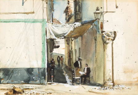 Donald Teague N.A. (1897-1991 Carmel, CA): ''Moorish Column'', Spanish street scene with figures, signed lower left: Donald Teague N.A., titled by repute, watercolor on paper laid to artist's board under glass, sight size: 6'' H x 9'' W, est: