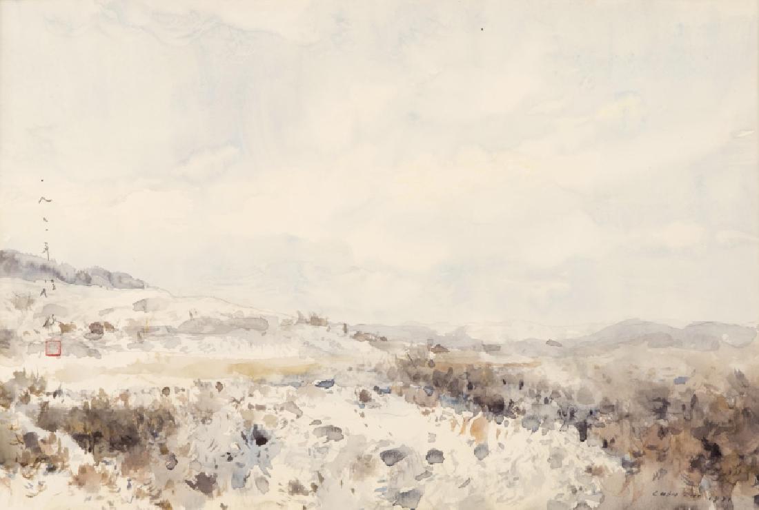 Chen Chi N.A. (1912-2005 New York, NY): ''Wyoming Landscape'', signed and dated lower right: Chen Chi 1971, signed again with the artist's chop along the left center edge, titled by repute, watercolor on paper under Plexiglas, sight size: 1