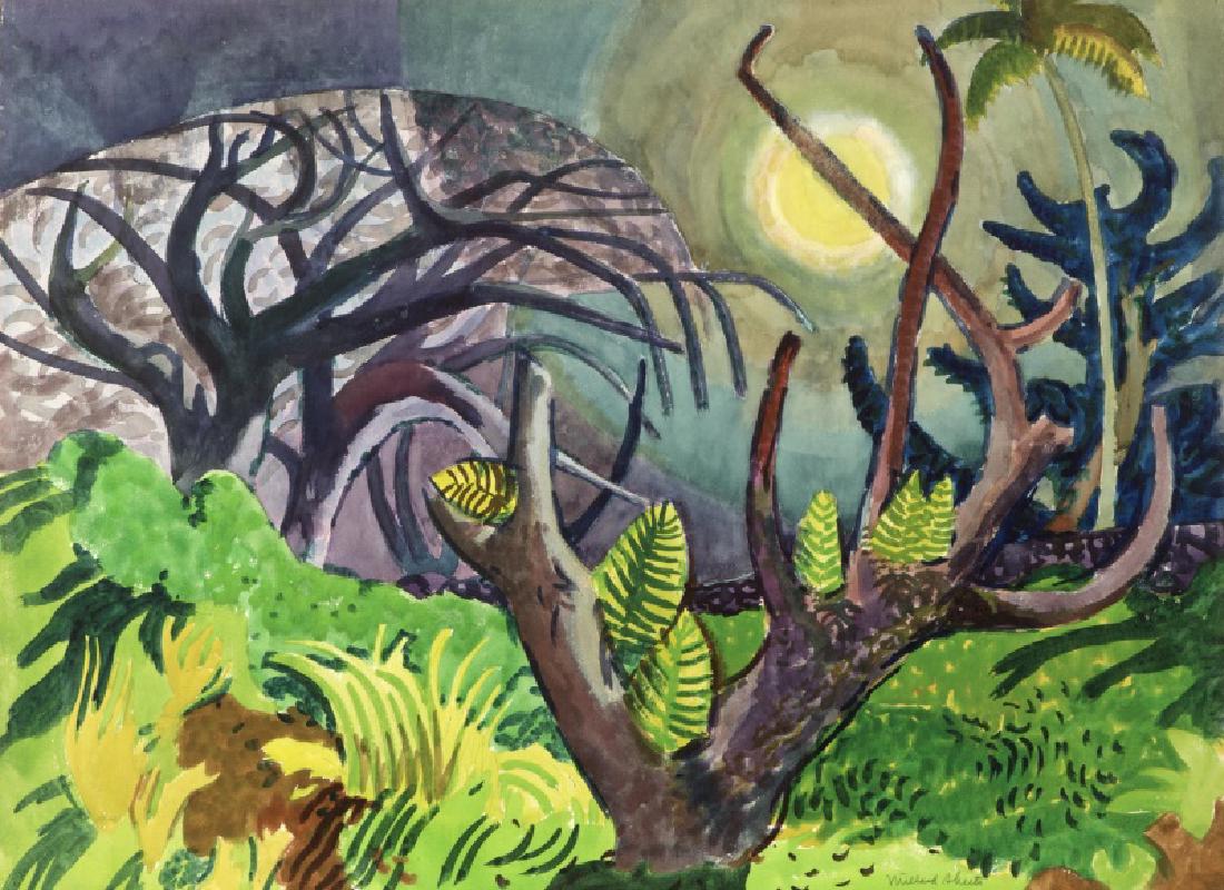 Millard Sheets N.A. (1907-1989 Gualala, CA): ''High Mountain Country, Hawaii'', signed in pencil lower right: Millard Sheets, titled verso, watercolor on paper under Plexiglas, paper size: 22'' H x 30'' W, est: $6000/8000 Note: Millard Sheets wa
