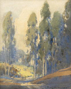 Percy Gray (1869-1952 San Francisco, CA): Eucalyptus trees in a landscape, signed and dated lower right: Percy Gray 1915, watercolor on paper under glass, sight size: 5'' H x 4'' W, est: $3000/5000 Note: Paper size: 5.25'' H x 4.25'' W. Prove