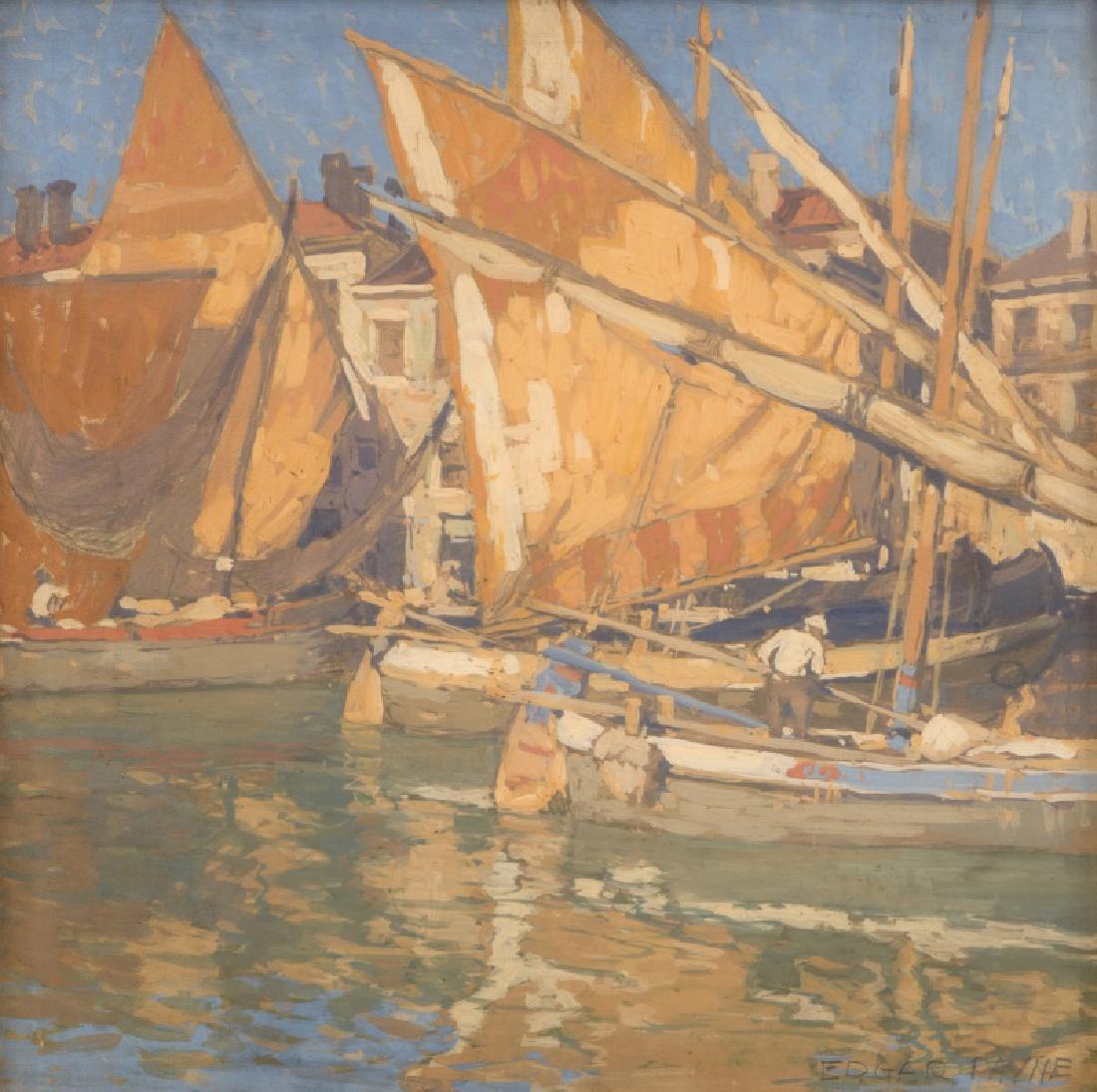 Edgar Alwin Payne (1883-1947 Hollywood, CA): ''Harbor at Chioggia, Italy'', signed lower right: Edgar Payne, titled and numbered verso: 25, gouache on paper under glass, sight size: 11.5'' H x 11.5'' W, est: $5000/7000 Note: Graphite sketches of