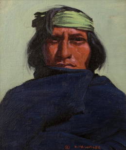 Lon Megargee (1883-1960 Cottonwood, AZ): ''Indian With Blue Blanket'', signed lower right: L. Megargee and with the copyright symbol, titled on a gallery label affixed verso, oil on canvasboard, 8.5'' H x 7.25'' W, est: $5000/7000 Provenance