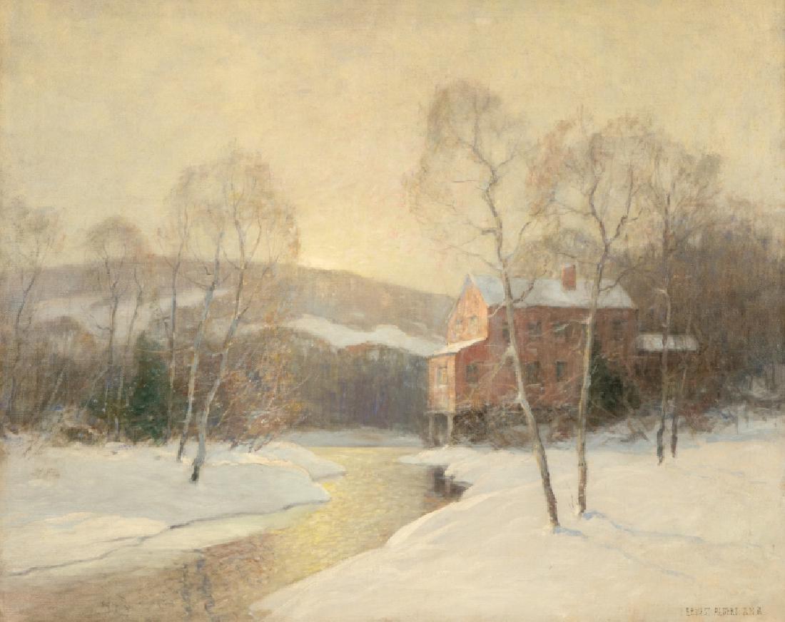 Ernest Albert A.N.A. (1857-1946 New York, NY): ''The Red Mill'', winter landscape, signed lower right: Ernest Albert. A.N.A., signed again and titled on a gum label affixed to the stretcher, oil on canvas, 25'' H x 30'' W, est: $5000/7000 Provenan