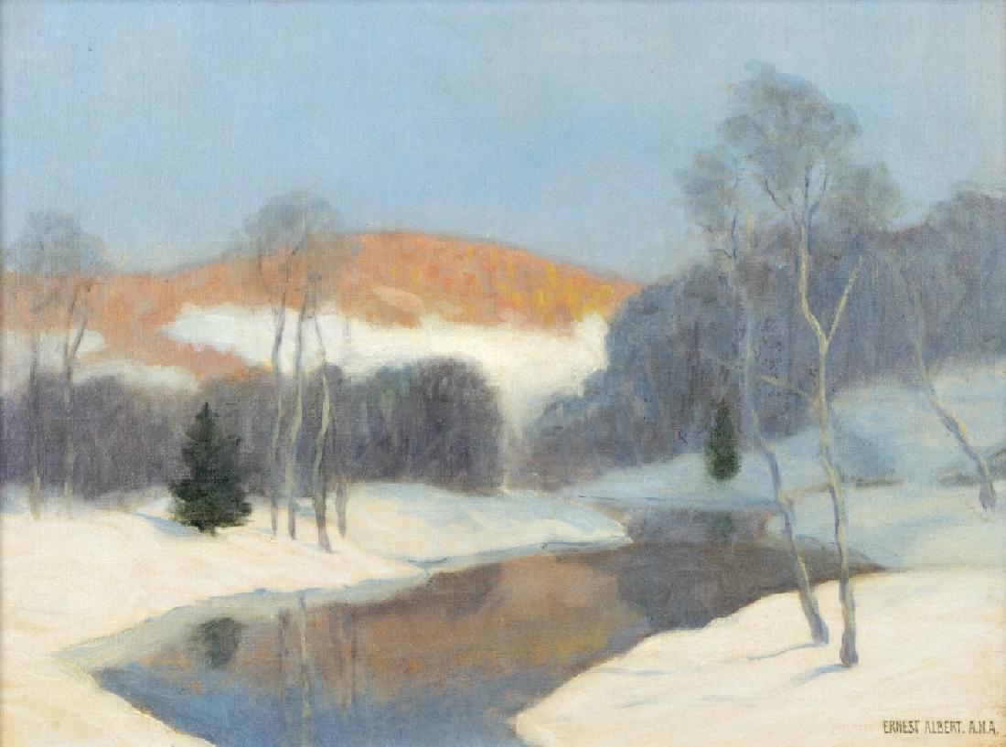 Ernest Albert A.N.A. (1857-1946 New York, NY): ''Winter's End'', landscape, signed lower right: Ernest Albert. A.N.A., titled on a gallery label affixed verso, oil on canvasboard, 12'' H x 16'' W, est: $1500/2000 Provenance: The Goldfield Collecti