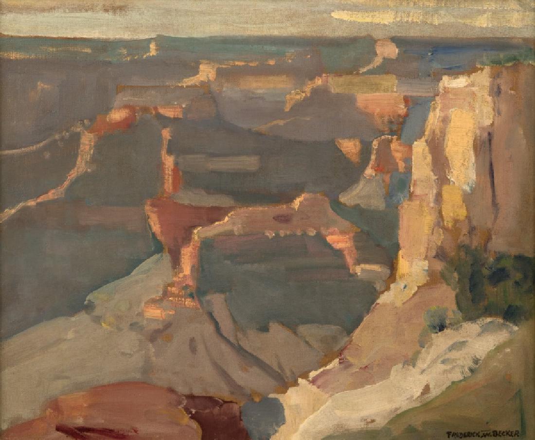 Frederick William Becker (1888-1974 Palm Springs, CA): Grand Canyon scene, signed lower right: Frederick W. Becker, oil on canvas laid to canvas, 15'' H x 18'' W, est: $1000/2000 Provenance: Private Collection, Santa Monica, CA