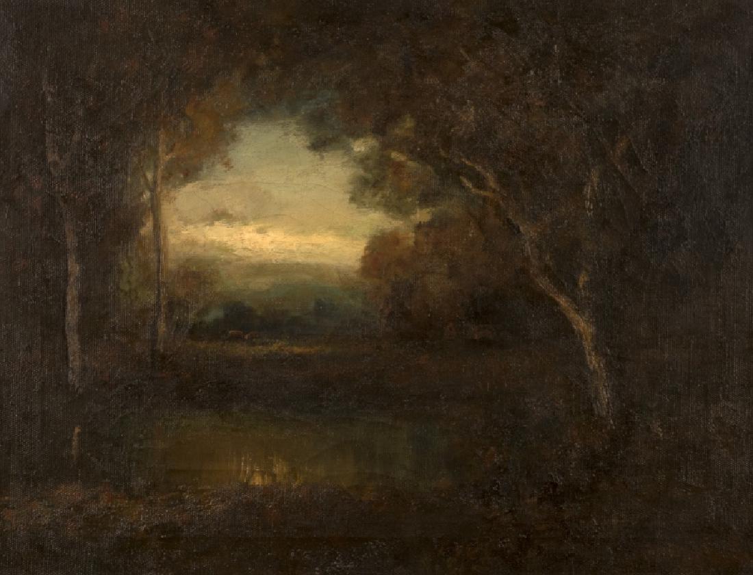 William Keith (1838-1911 Berkeley, CA): Wooded landscape with pond and cattle, signed lower right: W. Keith, oil on canvas, 20'' H x 26'' W, est: $1800/2400 Provenance: The Estate of Julius Hauser, Los Angeles, CA, by family decent