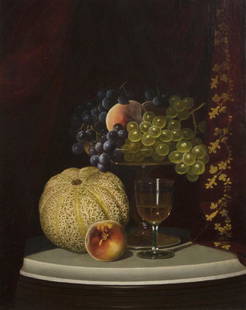 William Mason Brown (1828-1898 Brooklyn, NY): Still life with cantaloupe, peaches and grapes, signed with conjoined initials lower right: WMBrown, oil on canvas laid to canvas, 21'' H x 17'' W, est: $8000/12,000 Provenance: Private Collection, Sa