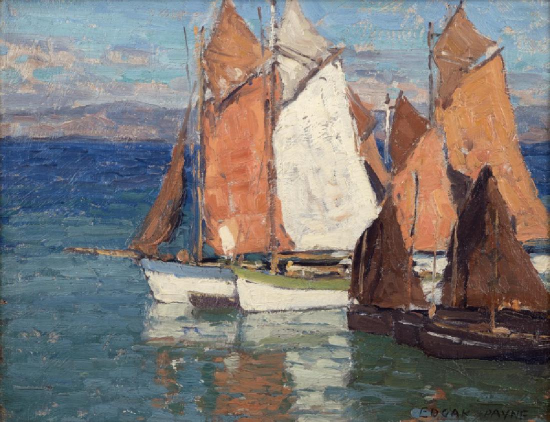 Edgar Alwin Payne (1883-1947 Hollywood, CA): ''Tuna Boats on the French Coast'', signed lower right: Edgar Payne, titled in another hand verso, oil on canvas laid to board, 12'' H x 15.25'' W, est: $15,000/20,000 Provenance: Private Collection,