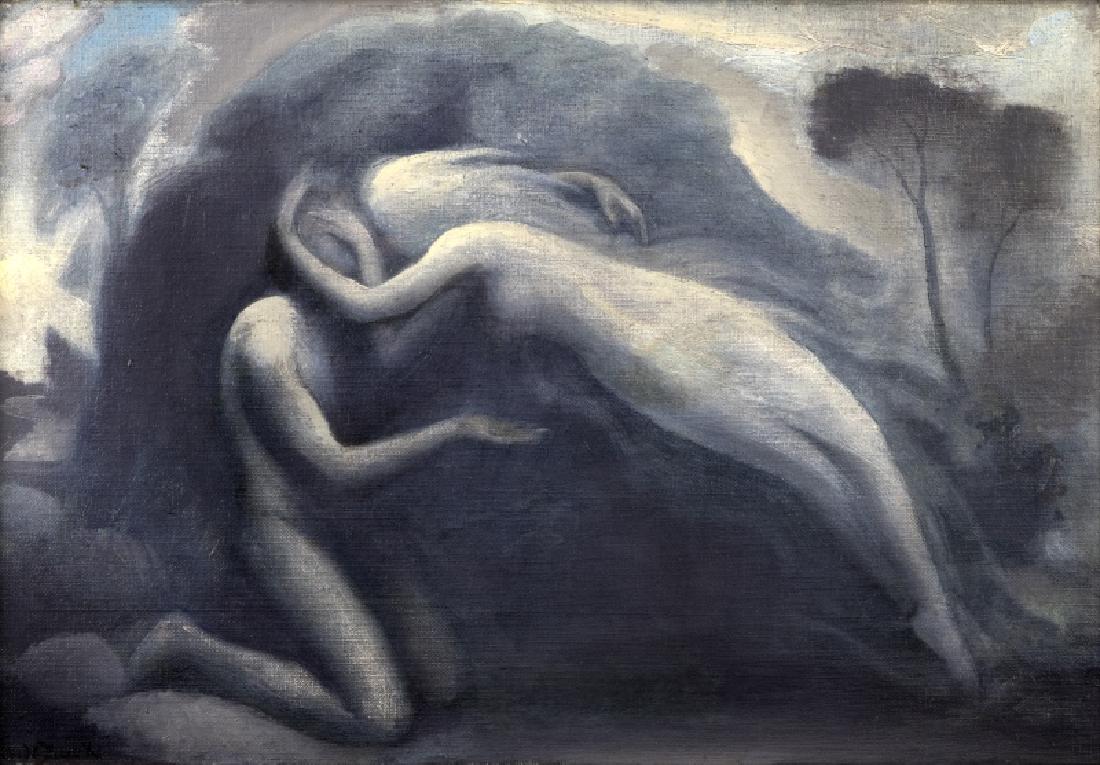 Claude Buck (1890-1974 Santa Barbara, CA): ''The Kiss'', ethereal figures in an embrace, signed lower left: Claude Buck, titled by repute, oil on canvas, 14'' H x 20'' W, est: $1000/1500 Provenance: Private Collection, Pasadena, CA
