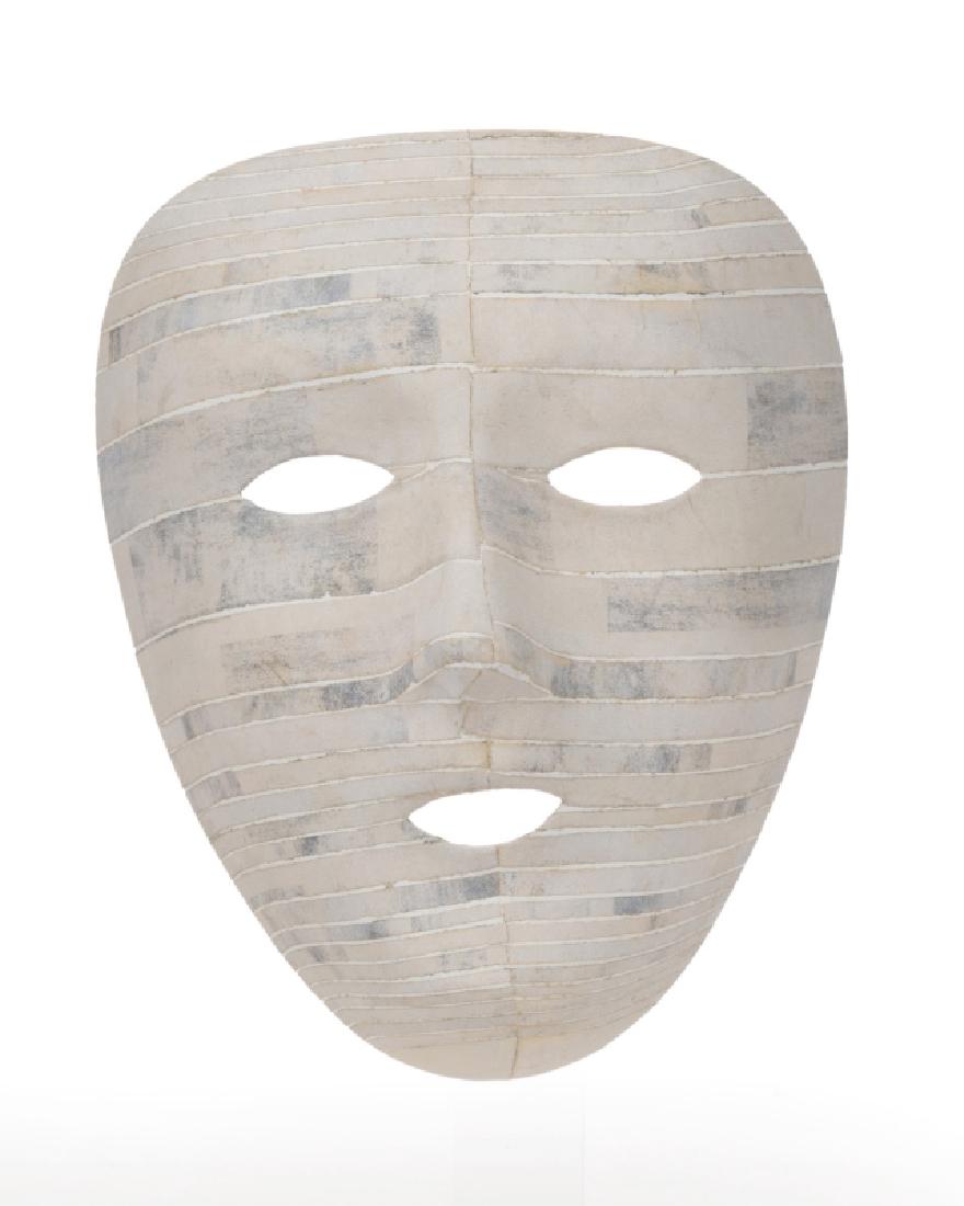 Robert Courtright (1926-2011 American / French): A mixed-media mask, together with a clear Lucite display case, signed and dated verso: Courtright '81, the mask: 7'' H x 5.75'' W x 3.5'' D; the case: 11.75'' H x 7.785'' W x 6.25'' D, est: $3000/5000