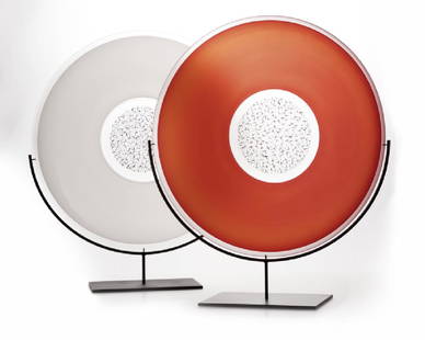 Tobias Mohl (20th/21st century-* Danish): Two circular art glass platters on stands, the first: frosted red and clear glass centering a clear and black cane reserve; the second: frosted glass centering a clear and black cane reserve, each wit