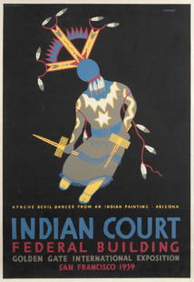 Louis Siegriest (1899-1989 Oakland, CA): Apache Devil Dancer from an Indian Painting, Arizona, Indian Court Federal Building, Golden Gate International Exposition, San Francisco, 1939, Federal Art Project, WPA, signed in the plate upper righ