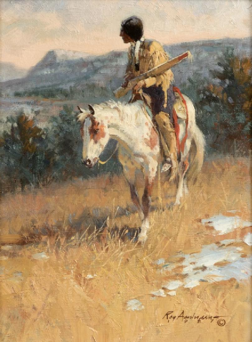 Roy Andersen (1930-* Kerrville, TX): ''The Backtrail'', Indian on horseback, signed and dated lower right: Roy Andersen / 1987 and with the copyright symbol, titled on a frame plaque, oil on board, 12'' H x 9'' W, est: $2000/3000 Note: F