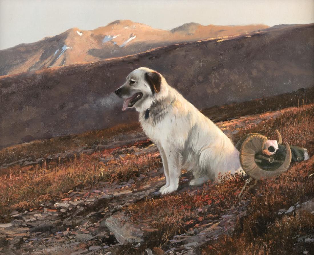 Michael Coleman (1946-* Provo, UT): ''Pack Dog. NWT (Mackenzie Mts)'', dog sitting on a mountainside, signed lower left: Michael Coleman and with the copyright symbol, titled and dated on an artist's label affixed verso: Nov. 1988, oil