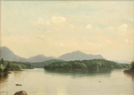 Nelson Augustus Moore (1824-1902 Kensington, CT): ''Lower Saranac, Ampersand, MA'', lake scene with figures in a boat, signed with conjoined initials and dated lower left: NA Moore / '91, signed again and titled verso, oil on canvas, 10.25'' H x 14.2