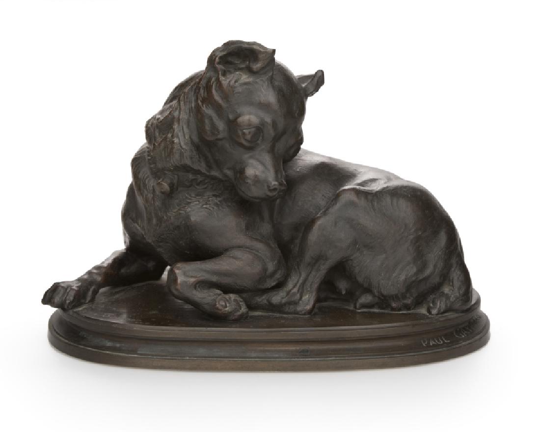 After Joseph Paul Gayrard (1807-1855 French): A bronze sculpture of a reclining dog, raised on an integral stepped oblong base, inscribed signature to base: Paul Gayrard, inscribed for foundry: Boyer, 8.375'' H x 11.875'' W x 7.375'' D, est: $600